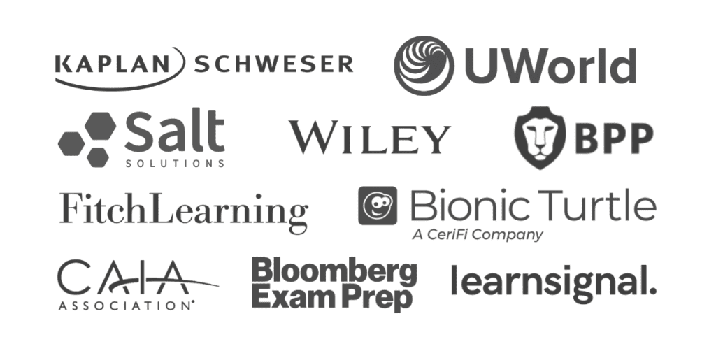 Logos of 300hours clients (past and present): Kaplan Schweser, UWorld, Salt Solutions, Wiley, BPP, Fitch Learning, Bionic Turtle, CAIA Association, Learn Signal