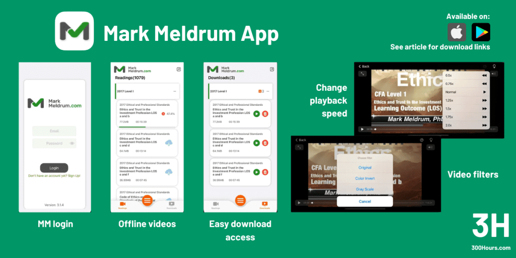5 screenshots showing the Mark Meldrum CFA app, showing login screens offline videos, easy download access, change playback speed, and video filters